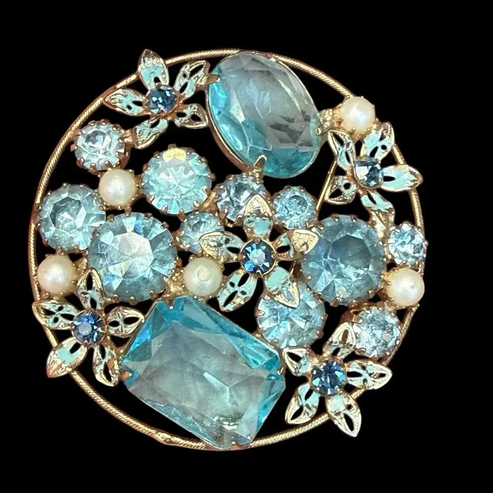 Vintage Weiss Blue Glass Rhinestone Forget Me Not Enamel Floral Brooch